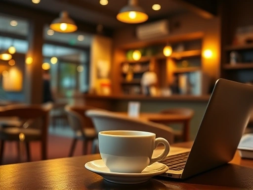 아늑하고 따뜻한 조명 아래, 테이블에 놓인 따뜻한 커피 한 잔과 노트북이 있는 카페 내부의 전경.