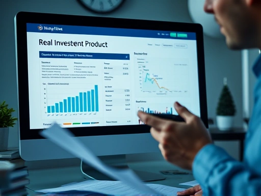컴퓨터 화면에 부동산 투자 상품 정보와 차트가 보이고, 옆에 투자자가 분석적으로 서류를 검토하는 모습
