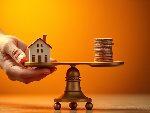 두 손이 저울의 양쪽에 각각 건물 모형과 동전 더미를 올려놓고 균형을 맞추는 클로즈업 샷.