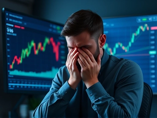 좌절감에 빠진 직장인이 손실된 주식 차트와 투자 계좌 화면을 응시하며 깊은 한숨을 쉬는 모습