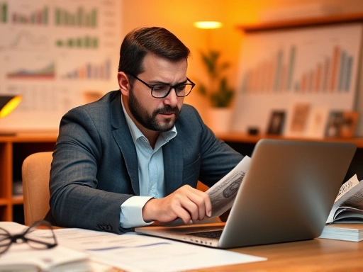 실패에서 배우고 다시 일어서는 투자자가 노트북 앞에서 재무 서적과 통계 자료를 보며 분석하는 모습