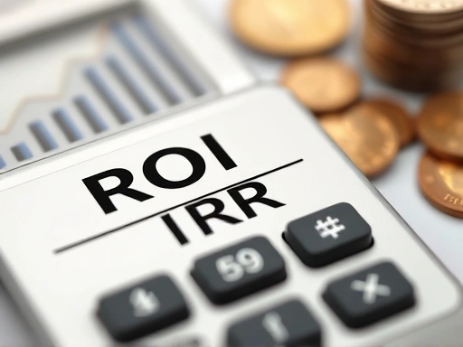 ROI와 IRR이라는 글자가 새겨진 계산기가 클로즈업되어 있으며, 그 옆에는 성장 그래프와 동전들이 놓여 있다.