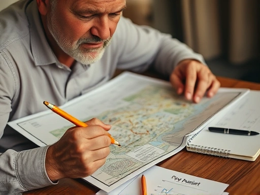 지도를 펼쳐 놓고 펜션 부지로 보이는 작은 스케치와 계획서를 꼼꼼히 검토하는 중년 남성의 클로즈업.