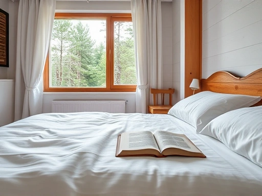 깔끔하게 정돈된 전원주택 펜션의 침실 클로즈업.