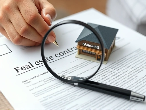 탁상 위 부동산 계약 서류와 펜이 놓여 있고, 그 위로 돋보기가 놓여 서류를 꼼꼼히 확인하는 모습