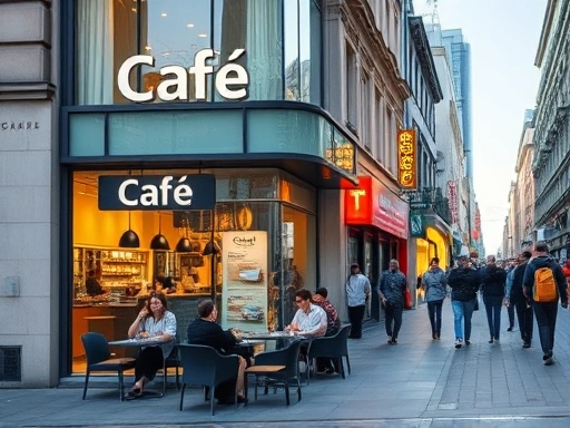 깔끔한 통유리 외관의 현대적인 프랜차이즈 카페가 밝은 햇살 아래 활기찬 도심 거리에 위치해 있고, 사람들이 오가는 모습