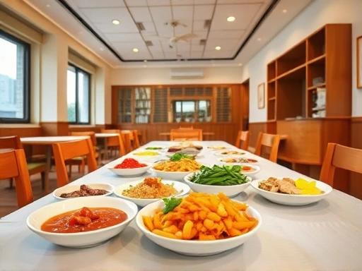 깔끔하게 정돈된 하숙집 식당 내부와 다채로운 한식 반찬들이 놓인 식탁의 클로즈업.