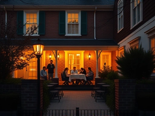 따뜻한 불빛이 새어 나오는 하숙집 외관의 아늑한 전경.