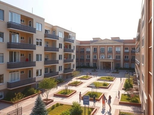 밝은 햇살이 비치는 깔끔한 아파트 단지 전경.