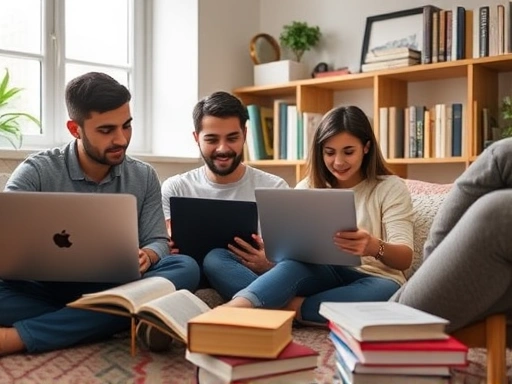 조용한 서재에서 한 가족이 노트북을 보며 부동산 투자 계획을 신중하게 논의하는 모습