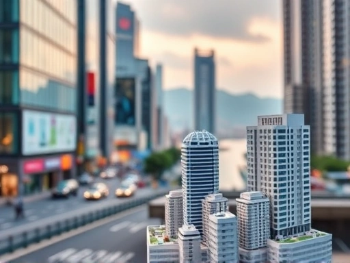 서울 강남의 활기찬 거리 풍경이나 한강변 아파트 단지, 또는 제주도의 아름다운 해안선을 배경으로, 한국의 경제적 성장과 투자 기회를 상징하는 요소들(예: 데이터 그래프, 부동산 모델)이 클로즈업된 이미지