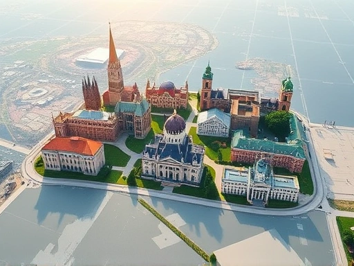 세계 각국의 랜드마크 건물들이 한자리에 모여 있는 풍경을 위에서 내려다본 이미지