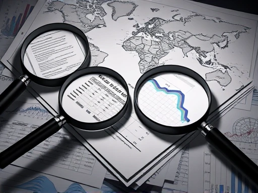 여러 개의 돋보기가 복잡한 서류 더미와 세계 지도를 자세히 들여다보는 모습