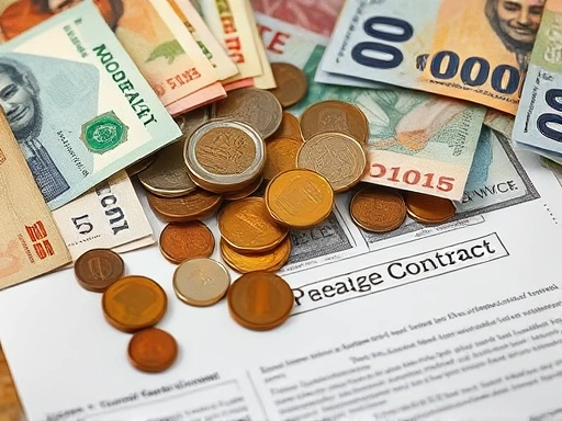 여러 국가의 지폐와 동전이 해외 부동산 등기부등본(또는 계약서) 위에 흩뿌려져 있는 클로즈업 샷.