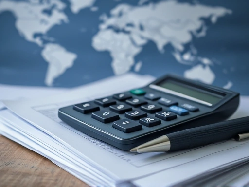 복잡한 서류 더미 위에 계산기와 펜이 놓여 있고, 그 뒤로 흐릿하게 세계 지도가 보이는 클로즈업 사진.