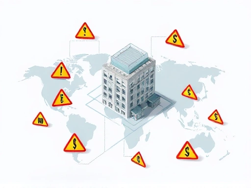 세계 지도 위에 건물이 세워져 있고, 그 주위를 다양한 통화 기호와 경고 표지판이 둘러싸고 있는 복합적인 이미지