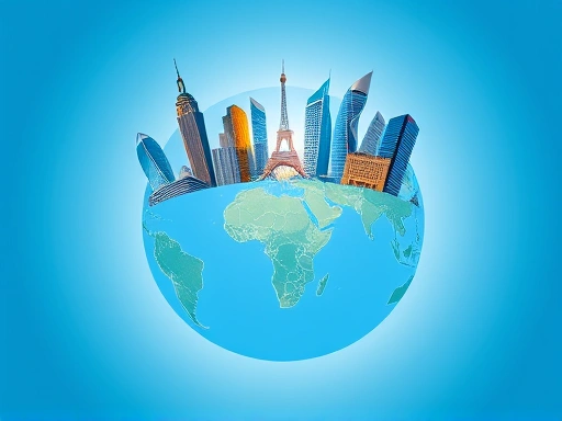 세계 각국의 랜드마크 건물들이 한데 모여 지구본을 에워싸고 있는 이미지