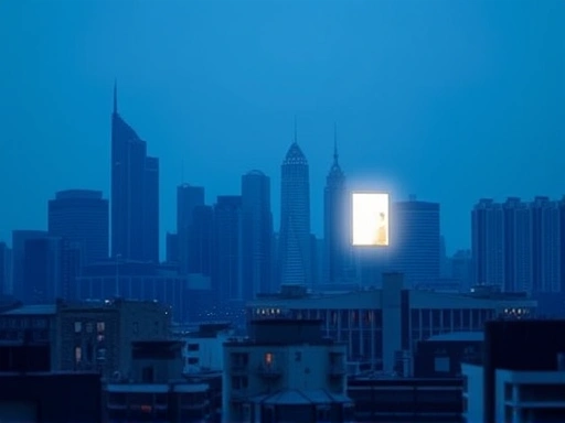 도시 스카이라인과 현대적인 건물들을 배경으로, 원룸 창문에서 불이 켜진 모습