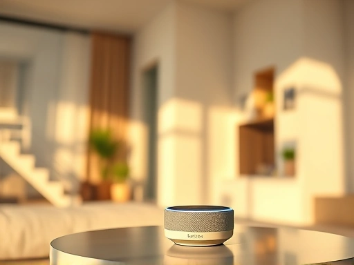 깔끔하고 미니멀한 디자인의 원룸 내부가 클로즈업되어 있으며, 스마트 홈 기기(예: 음성 인식 스피커 또는 스마트 조명)가 테이블 위에 놓여 있습니다.