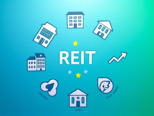 다양한 종류의 부동산 자산(아파트, 상가, 리츠 주식 차트, 토지 등) 아이콘이 균형 잡힌 형태로 둥글게 배치된 모습