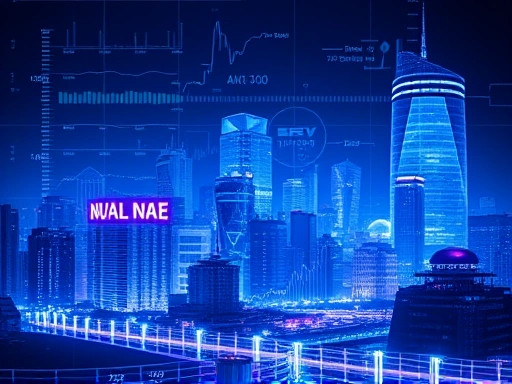 미래지향적인 도시 전경 위에 투명하게 오버레이된 복잡한 데이터 그래프와 차트가 어우러져 AI가 부동산 시장을 분석하는 모습