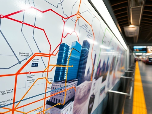 지하철 노선도와 주요 역세권 지역의 건물들이 클로즈업된 이미지