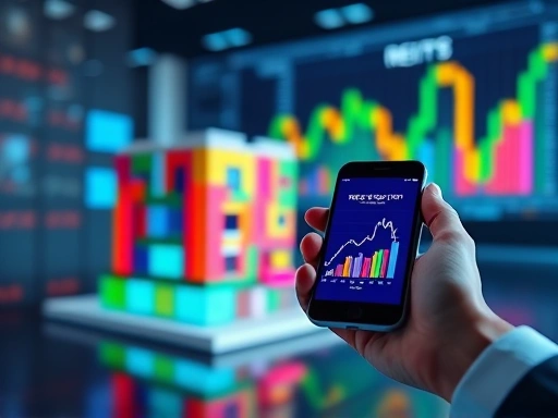 다채로운 색상의 건물 모형과 주식 그래프, 그리고 손에 든 스마트폰이 함께 어우러져 리츠와 직접 투자의 대비를 시각적으로 보여주는 추상적인 이미지