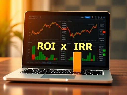 재무 차트와 숫자들로 가득 찬 노트북 화면을 배경으로, ROI와 IRR 계산이 이루어지는 역동적인 장면