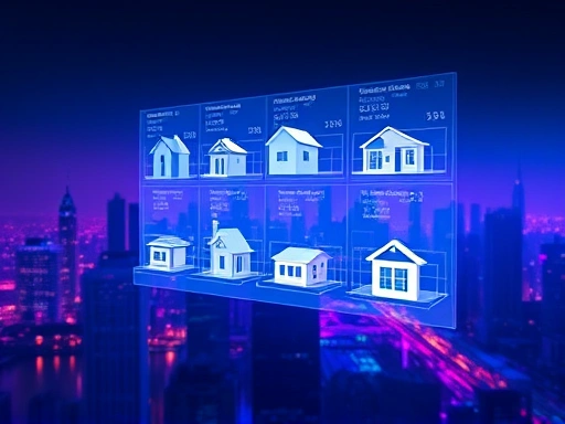 미래 도시의 스카이라인을 배경으로, 홀로그램 인터페이스를 통해 다양한 부동산 매물을 탐색하는 모습