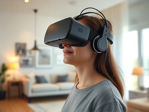 가상 현실 헤드셋을 착용한 사람이 아파트 내부를 둘러보는 모습