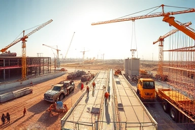 다양한 건설 장비와 작업자들이 분주하게 움직이는 건설 현장의 전경을 보여주는 넓은 각도의 이미지