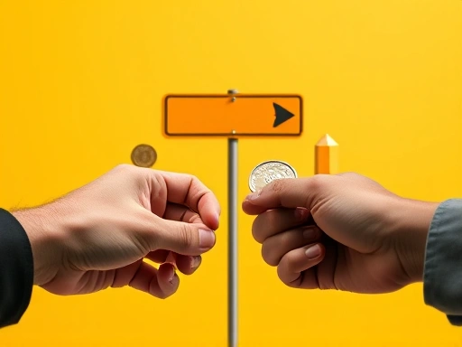 두 손이 서로 다른 길을 가리키는 갈림길 표지판 앞에서 금융 관련 아이콘들(동전, 그래프, 계산기)을 놓고 고민하는 모습