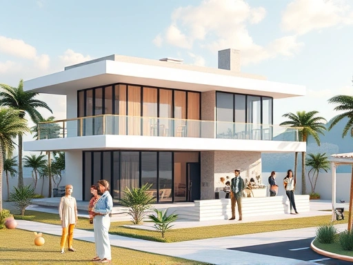 디센트럴랜드 (Decentraland) 내 가상 부동산의 상세 묘사로, 현대적인 건축 디자인과 다양한 아바타들이 함께 어우러져 있습니다.