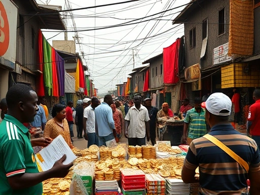 활기찬 나이지리아 시장에서 비트코인 거래가 이루어지는 모습