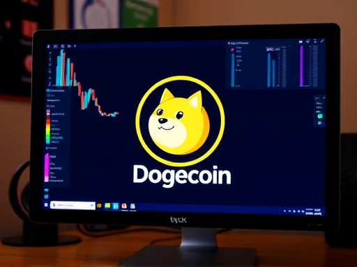 도지코인 로고가 있는 컴퓨터 화면을 보여주는 이미지