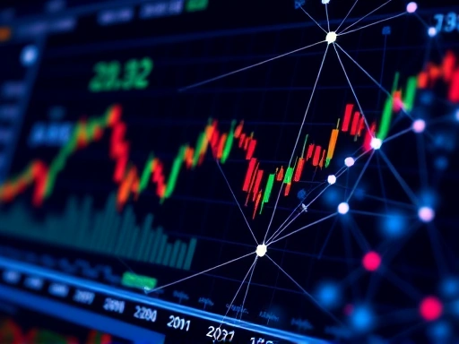 전통적인 금융 차트와 디지털 블록체인 네트워크의 결합을 클로즈업하여 보여주며, 데이터 흐름과 연결성을 강조하는 두 번째 이미지