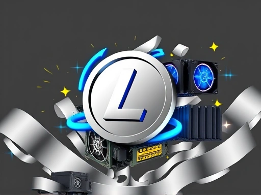 라이트코인 로고와 채굴 장비가 복합적으로 배치되어 있으며, 밝은 색상과 역동적인 그래픽 요소를 사용하여 채굴의 활기찬 분위기
