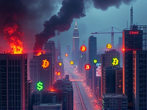 파괴된 도시 풍경과 대비되는 밝은 색상의 암호화폐 로고, 미래적이고 희망적인 분위기