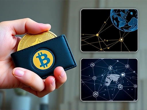 손에 들린 암호화폐 지갑과 글로벌 금융 네트워크를 상징하는 그래픽, 암호화폐의 연결성과 혁신성을 강조하는 두 번째 이미지