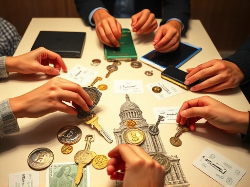 다양한 암호화폐 지갑과 개인 키가 놓여 있는 테이블 위에서, 여러 개의 손이 키를 관리하고 거래를 승인하는 과정을 보여주는 이미지