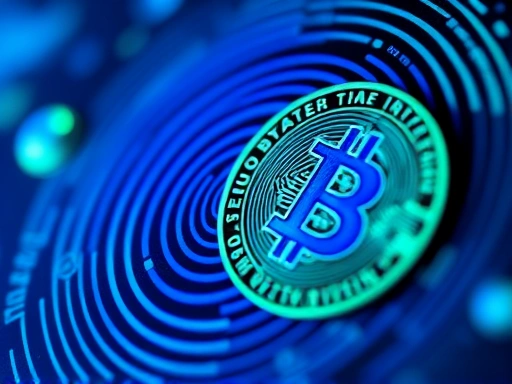 지문 인식 센서와 암호화폐 로고가 결합된 클로즈업 이미지