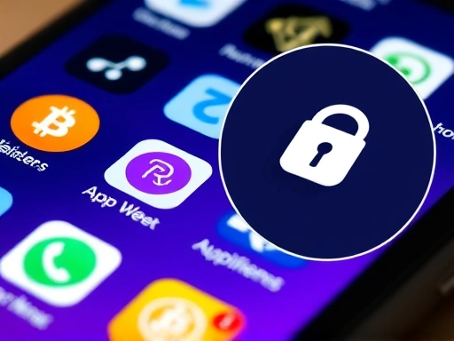 스마트폰 화면에 다양한 암호화폐 지갑 앱 아이콘이 떠 있고, 그중 하나가 확대되어 보안 기능을 강조하는 모습