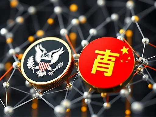 각 나라의 상징적인 규제 기관 로고(미국 SEC, 중국 인민은행)를 중심으로, 암호화폐 거래 그래프가 교차하는 모습