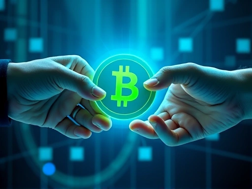 두 손이 체인을 연결하고 디지털 코인을 들고 있는 이미지