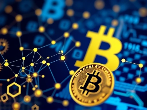 블록체인 다이어그램과 암호화폐 로고가 클로즈업된 이미지