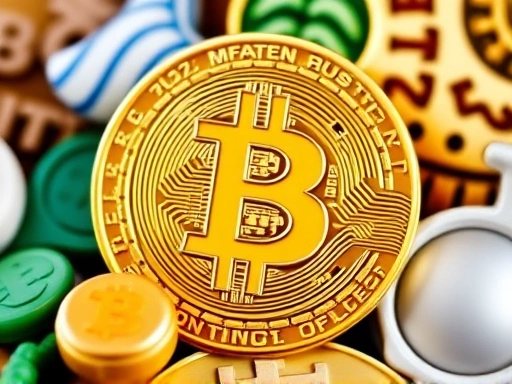 다양한 전통 자산 아이콘과 비트코인 로고가 함께 배치된 클로즈업 이미지