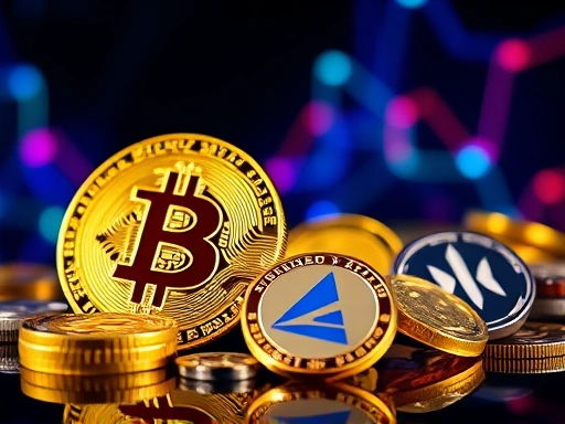 황금색 비트코인과 다양한 색상의 알트코인 로고들이 함께 배치되어 디지털 화폐의 다양성과 혁신을 상징하며, 밝은 조명과 선명한 색상 대비로 미래지향적인 분위기
