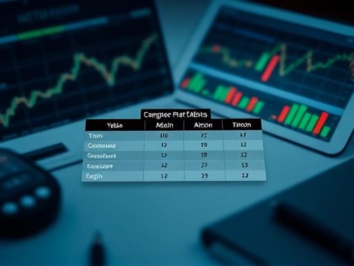 비트코인과 알트코인의 특징을 비교하는 표가 중앙에 배치되어 있고, 주변에는 투자 그래프와 분석 도구가 흐릿하게 표현되어 정보 분석의 중요성을 강조하며, 차분한 조명과 분석적인 분위기