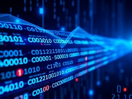 디지털 코드가 체인처럼 연결된 블록체인 네트워크의 추상적인 시각적 표현