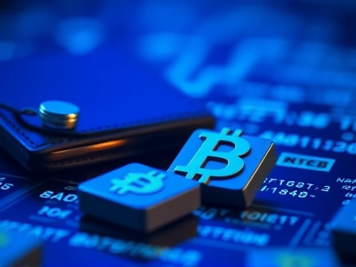 암호화폐 거래를 상징하는 디지털 지갑과 코드 블록의 클로즈업 샷